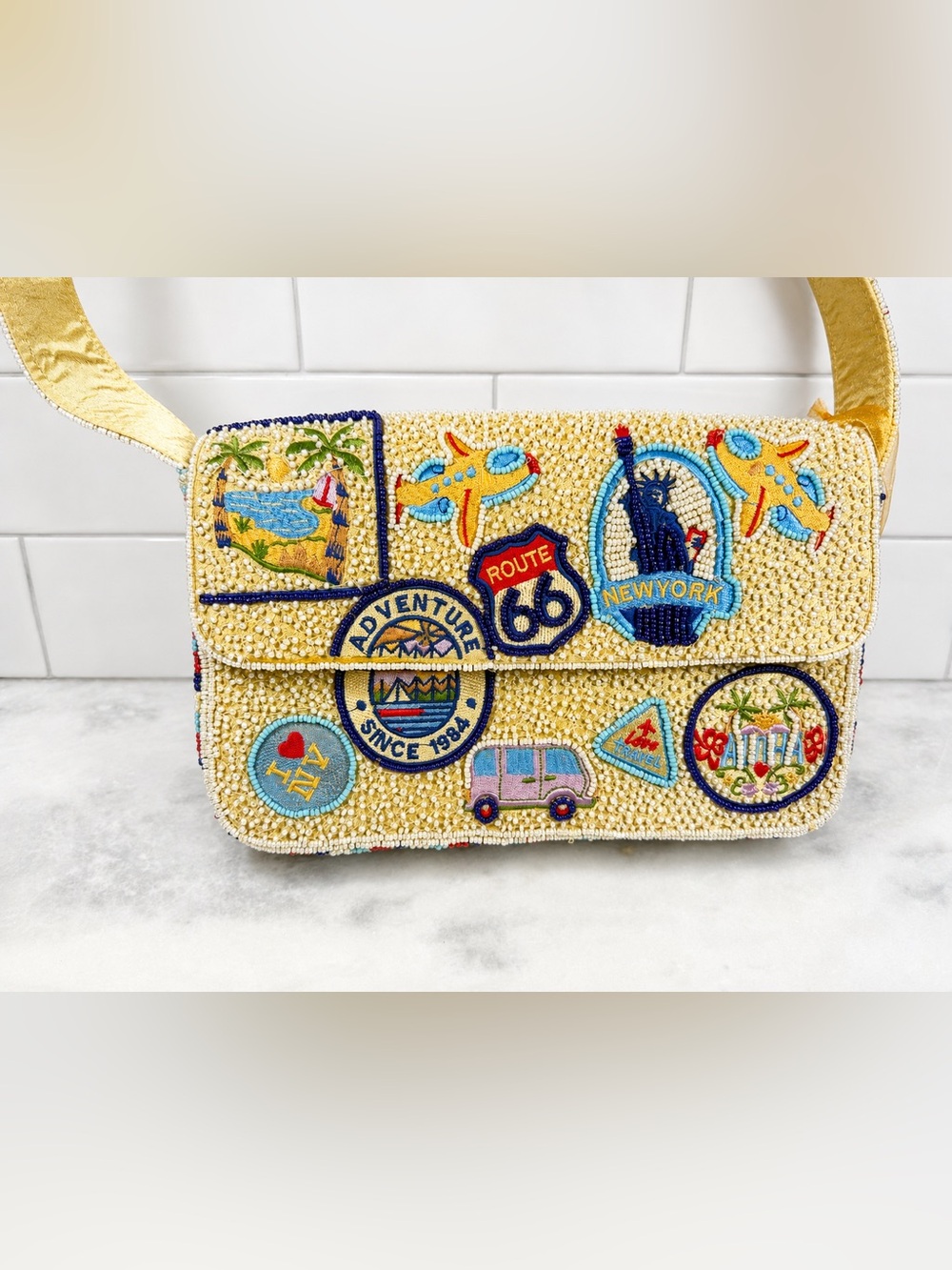 Viral Made in India Beaded Travel Adventure NEW YORK ROUTE 66 Shoulder Bag NWT